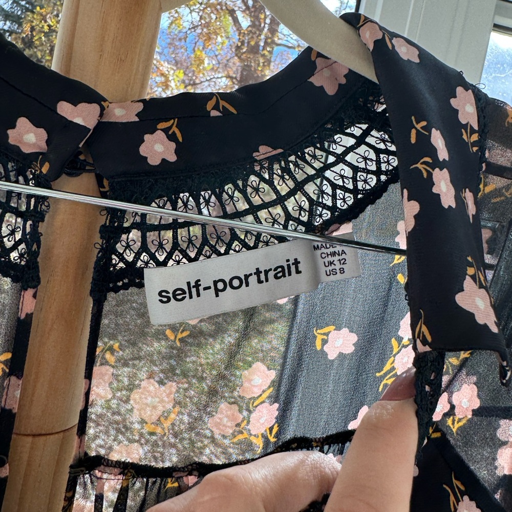 Self-Portrait Printed Mini Dress Sheer Sleeve Lace Detail Size S / US 4 - Picture 3 of 4